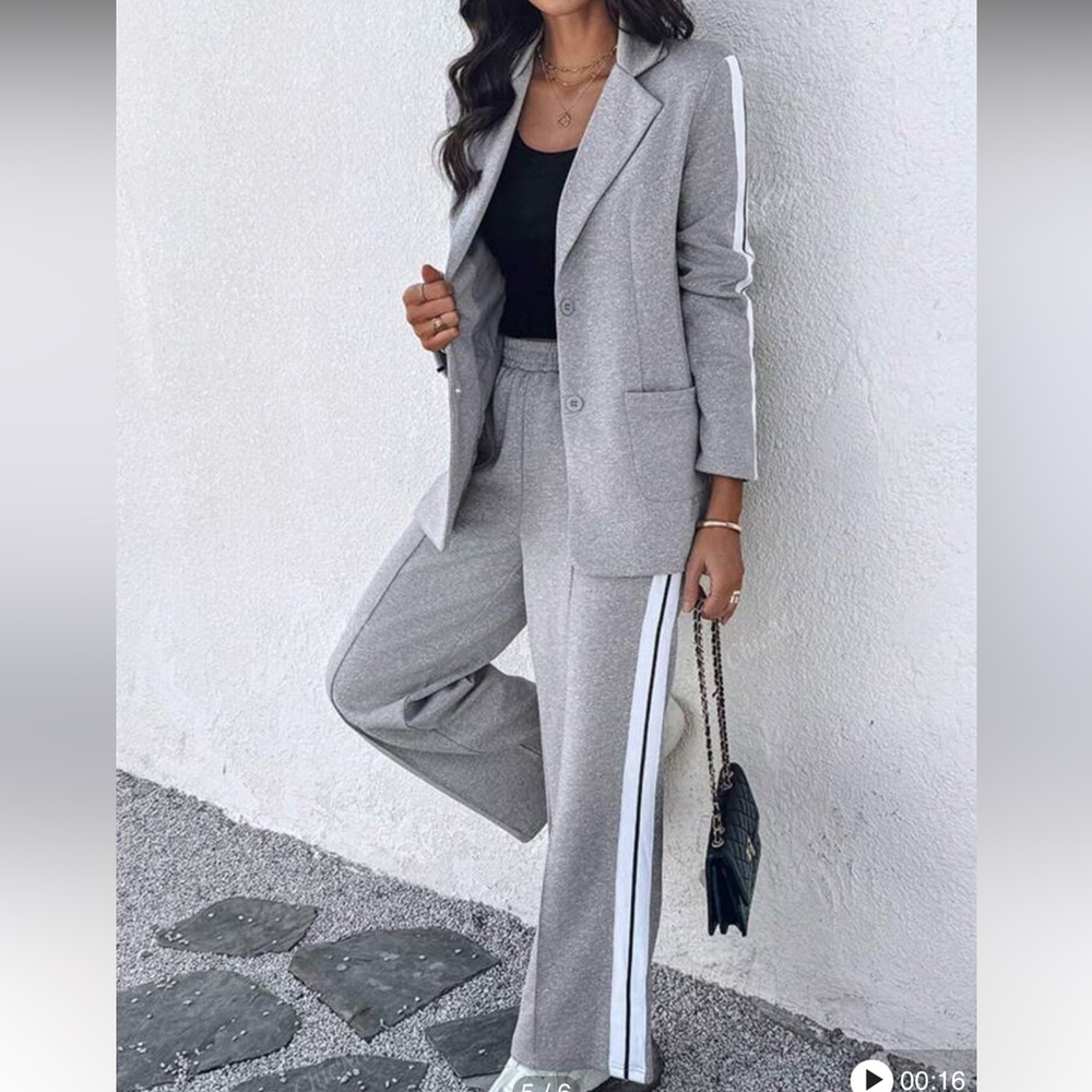 ChicMe 2 Pieces Striped Side Sporty Tape Notched Blazer Wide-Leg Pants W Pockets